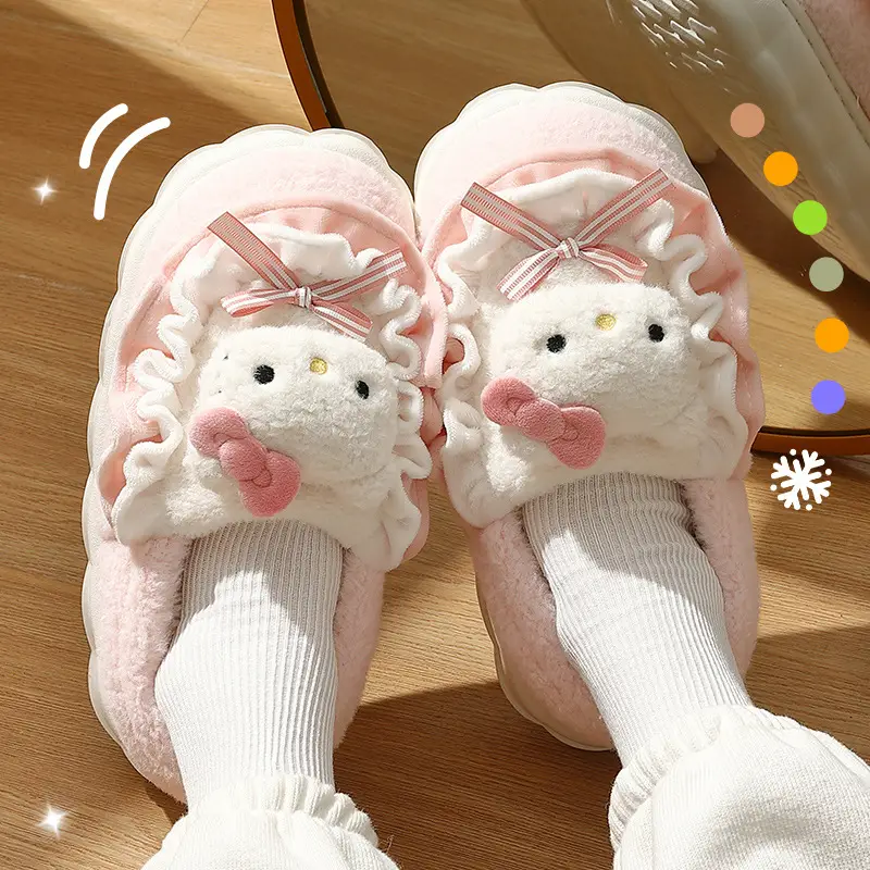 Cute Kt Cat Cotton Slippers with Heel for Women, Autumn and Winter Sanrio Indoor Home Warm Cartoon Plush Cotton Shoes Wholesale - Image 2