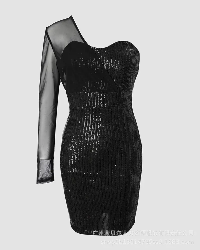 Black Sequin One Shoulder Dress for Women - Image 4