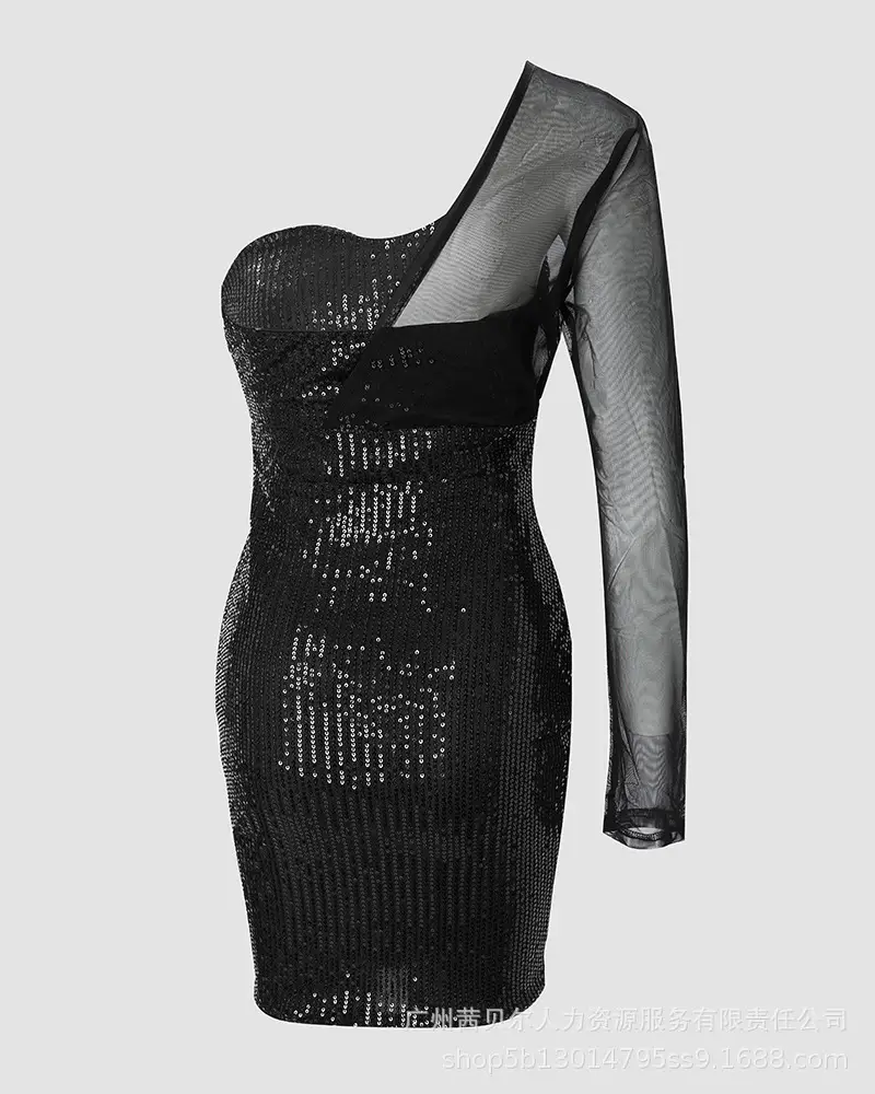 Black Sequin One Shoulder Dress for Women - Image 5