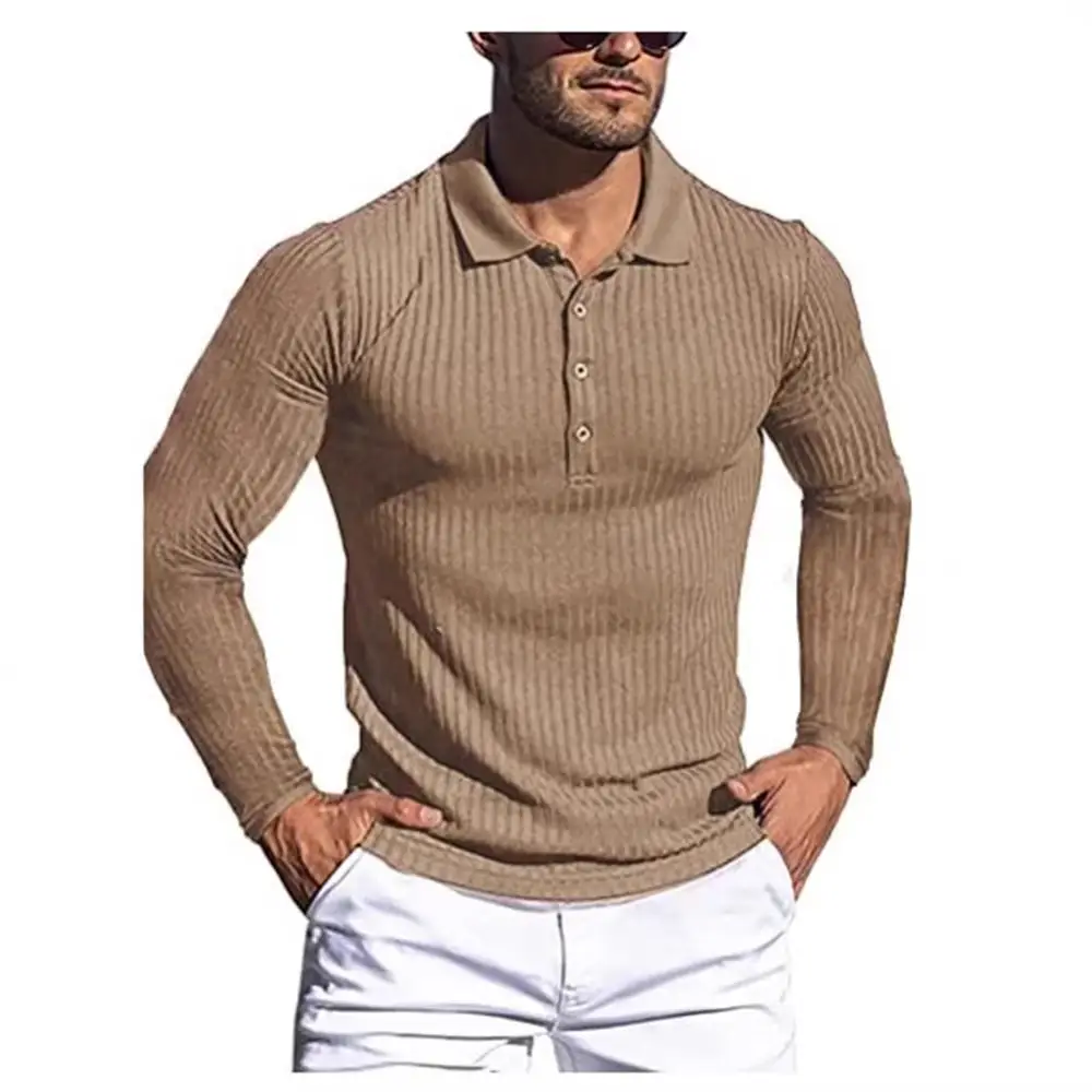 Men's Long Sleeve Knitted Polo Shirt Brown Slim Fit - Image 11