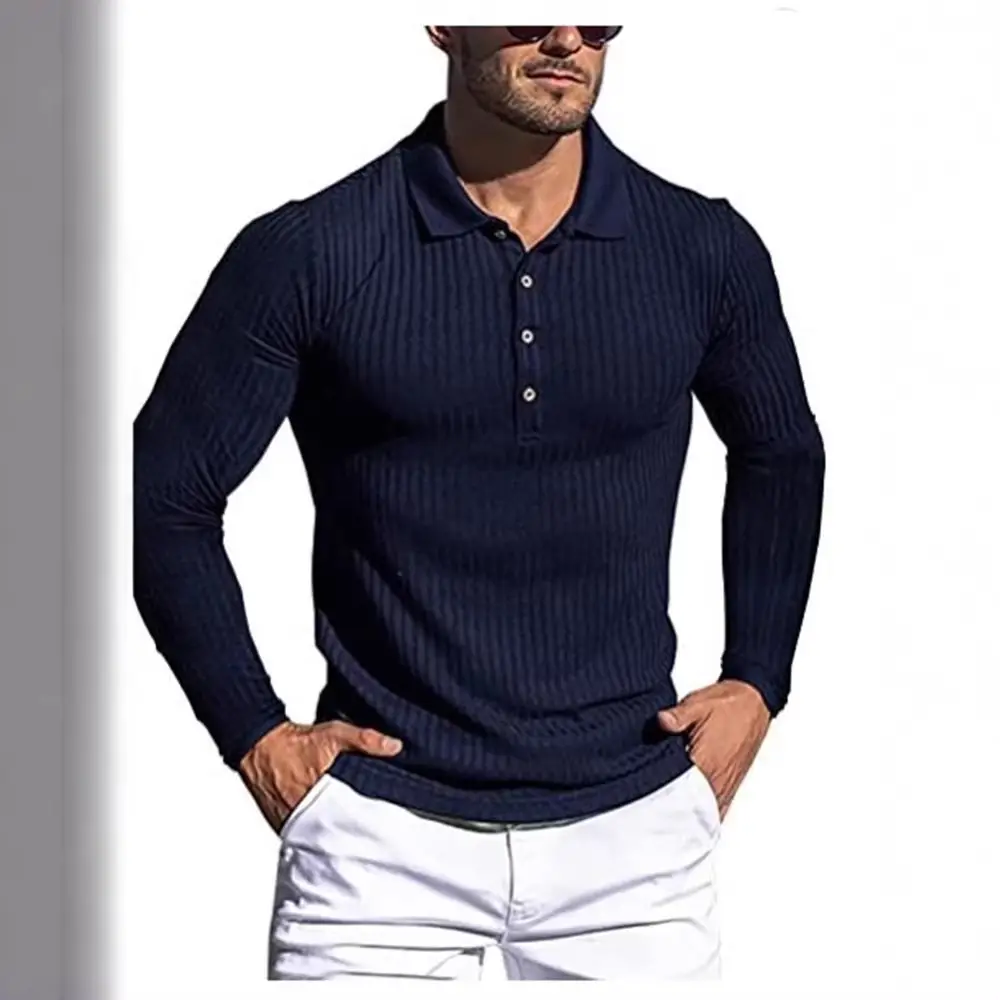 Men's Long Sleeve Knitted Polo Shirt Brown Slim Fit - Image 13