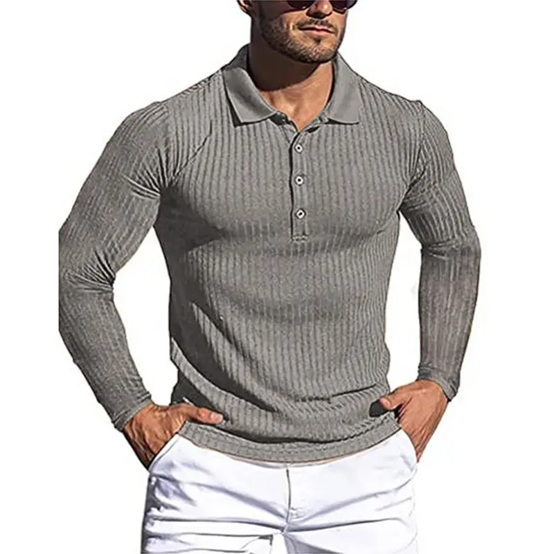 Men's Long Sleeve Knitted Polo Shirt Brown Slim Fit - Image 2