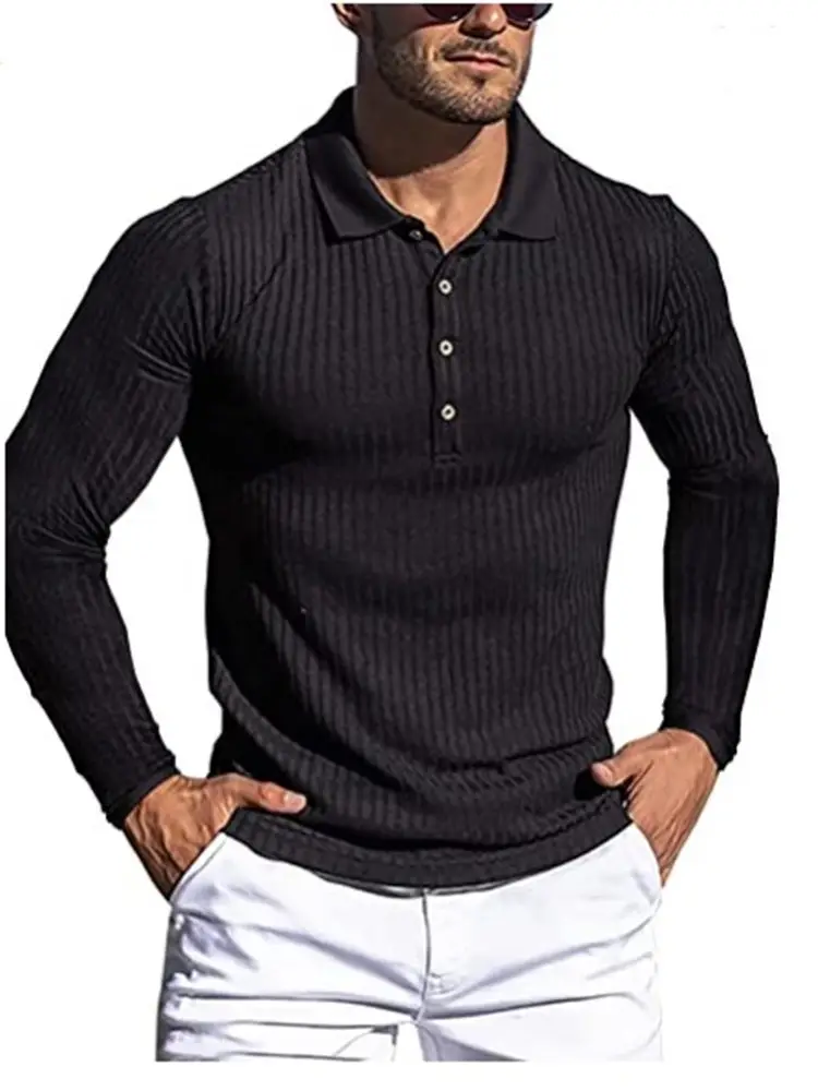 Men's Long Sleeve Knitted Polo Shirt Brown Slim Fit - Image 3
