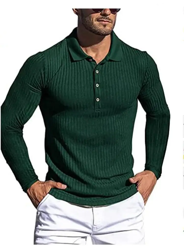 Men's Long Sleeve Knitted Polo Shirt Brown Slim Fit - Image 5