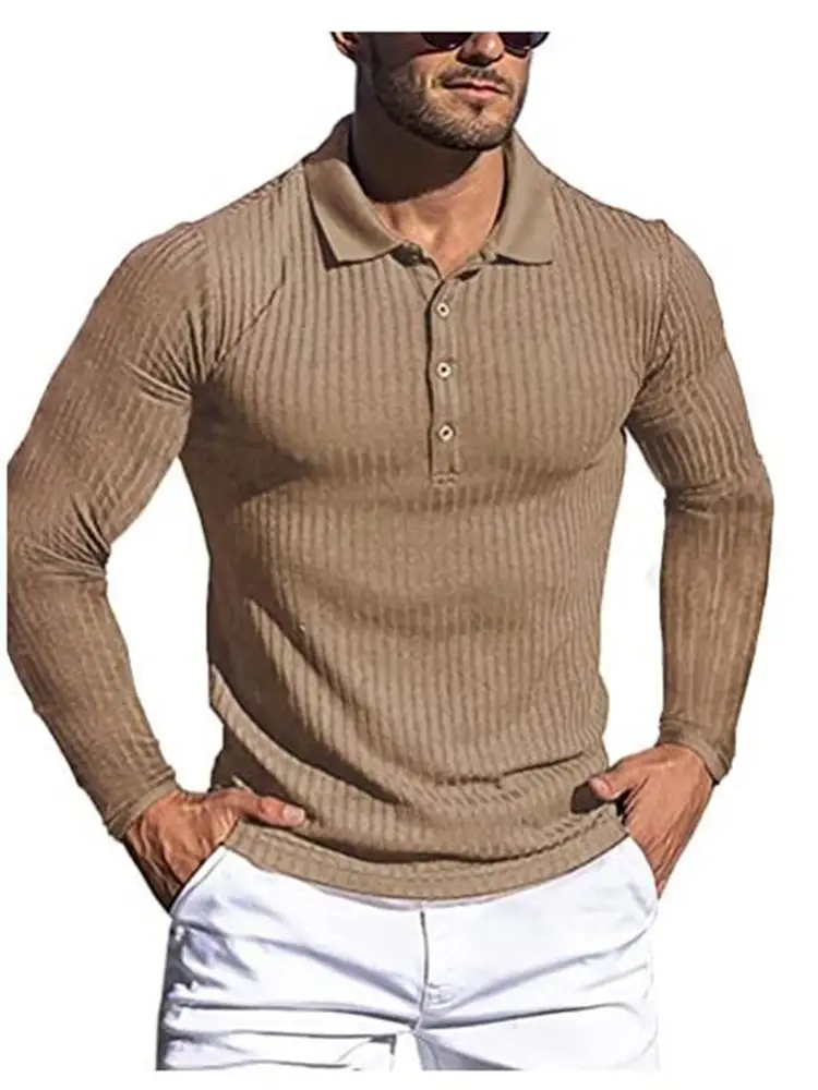 Men's Long Sleeve Knitted Polo Shirt Brown Slim Fit - Image 6