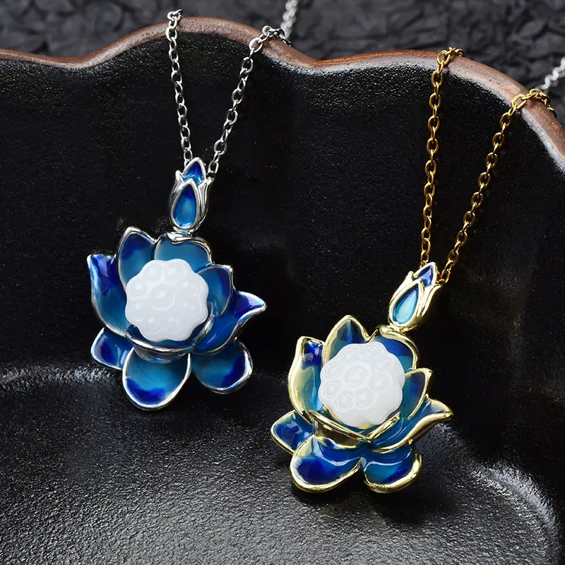 Titanium Steel Lotus Pendant Necklace Blue Enamel - Image 4