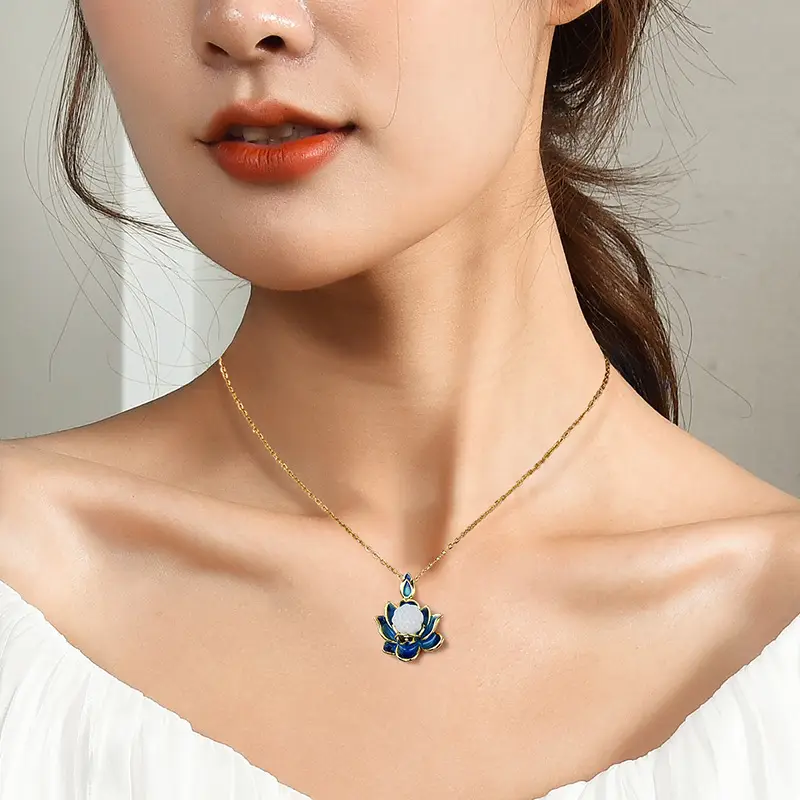 Titanium Steel Lotus Pendant Necklace Blue Enamel - Image 5