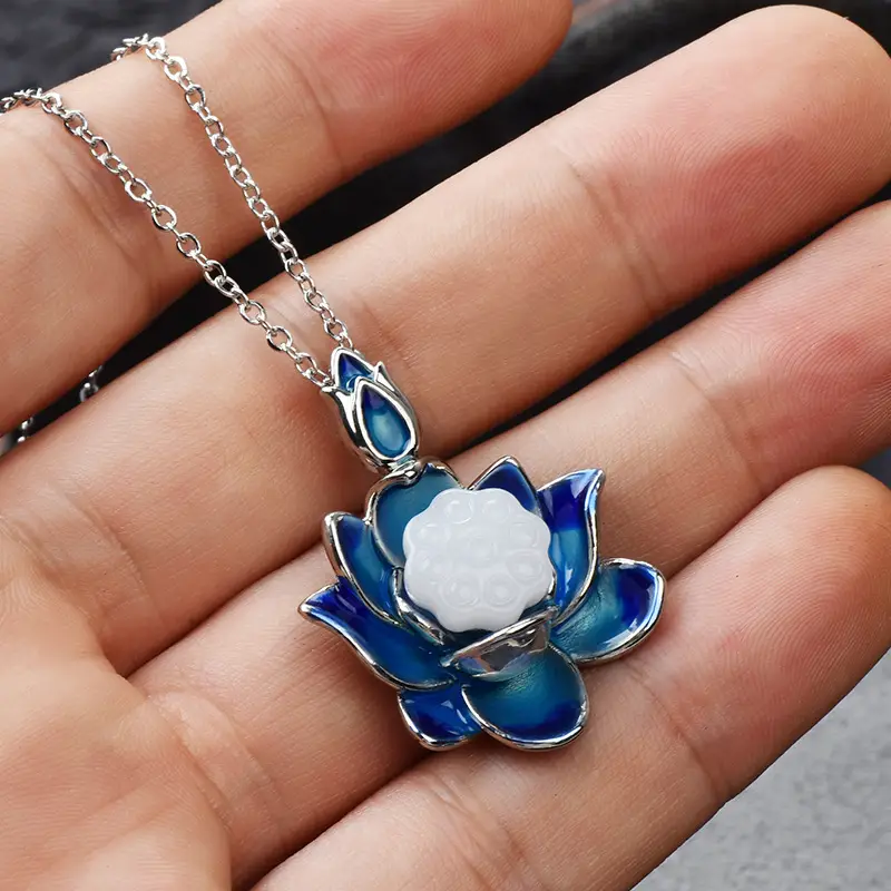 Titanium Steel Lotus Pendant Necklace Blue Enamel - Image 6