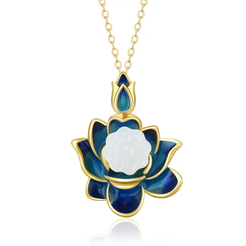 Titanium Steel Lotus Pendant Necklace Blue Enamel - Image 7
