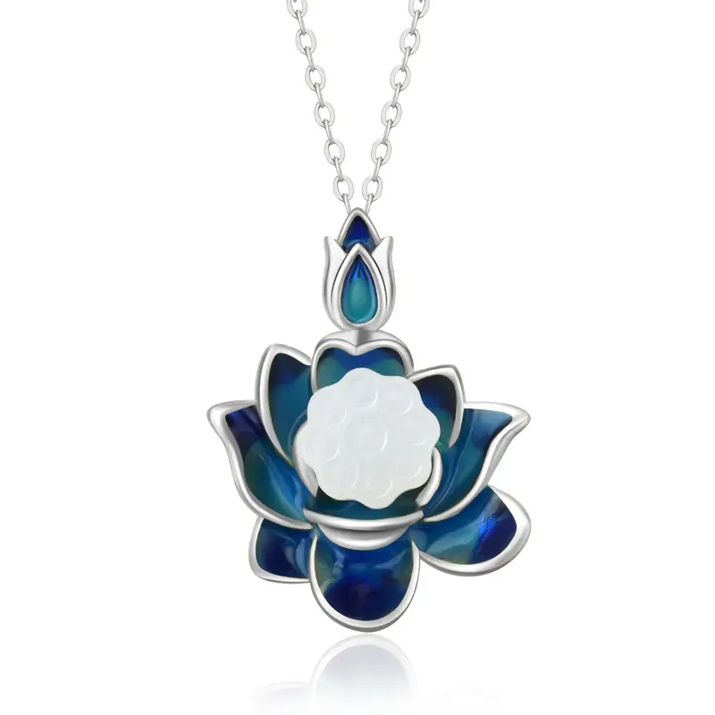Titanium Steel Lotus Pendant Necklace Blue Enamel - Image 2