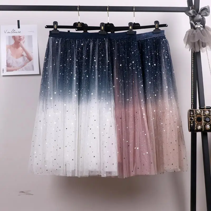 Women Gradient Starry Sky Mesh Midi Skirt - Image 4