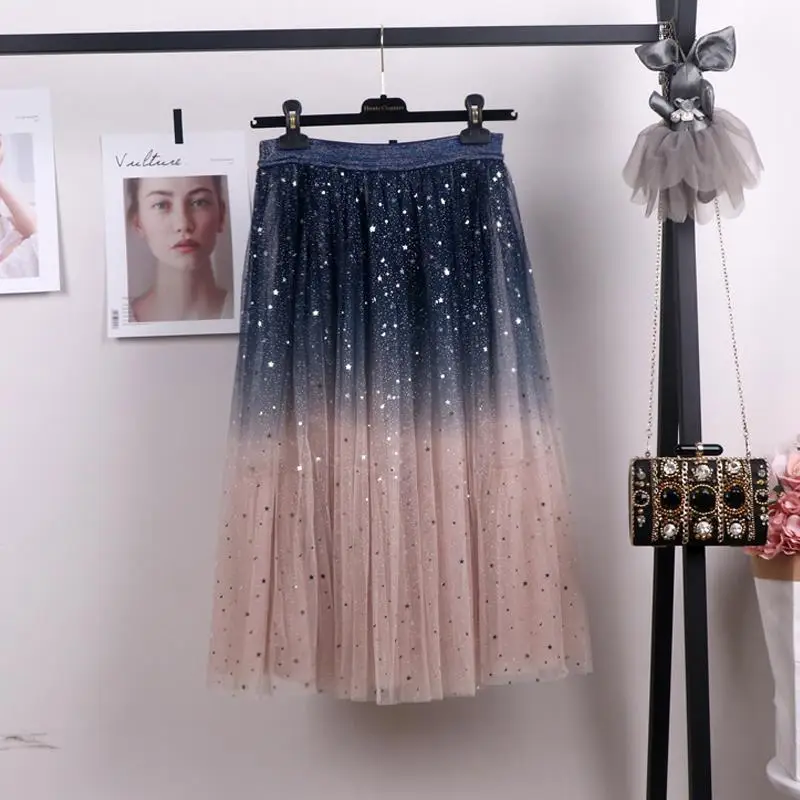 Women Gradient Starry Sky Mesh Midi Skirt - Image 5