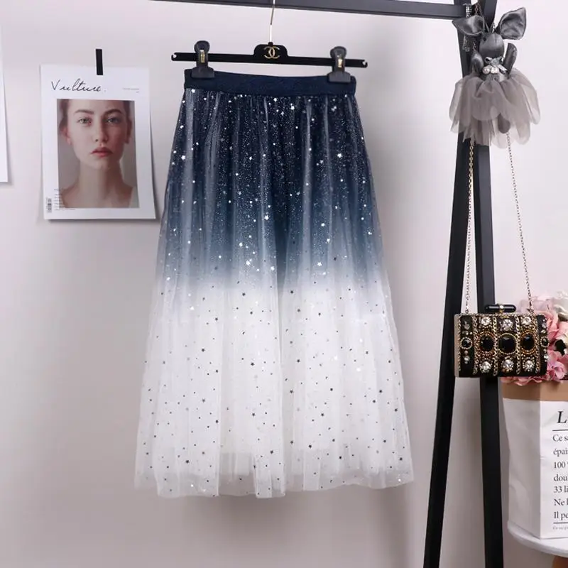 Women Gradient Starry Sky Mesh Midi Skirt - Image 6