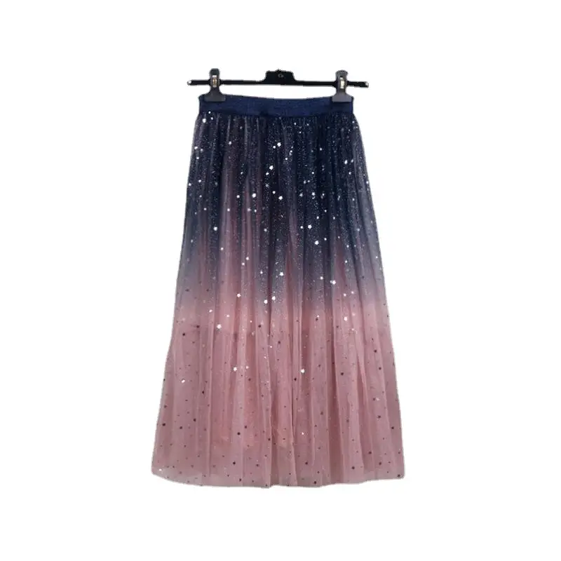 Women Gradient Starry Sky Mesh Midi Skirt - Image 8