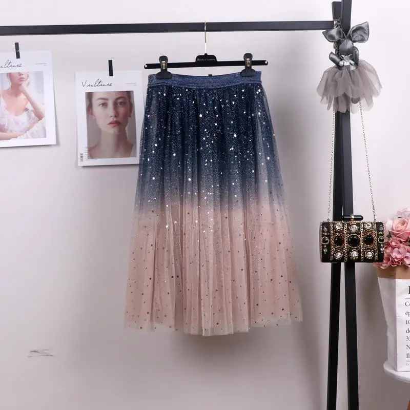 Women Gradient Starry Sky Mesh Midi Skirt — feature 12