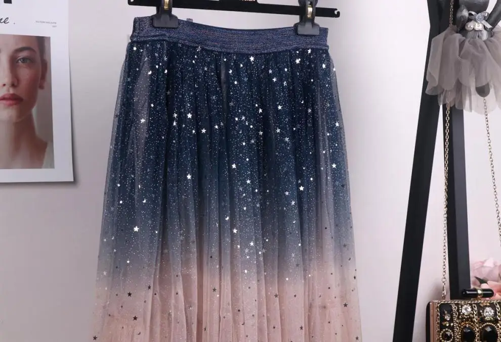 Women Gradient Starry Sky Mesh Midi Skirt — feature 13