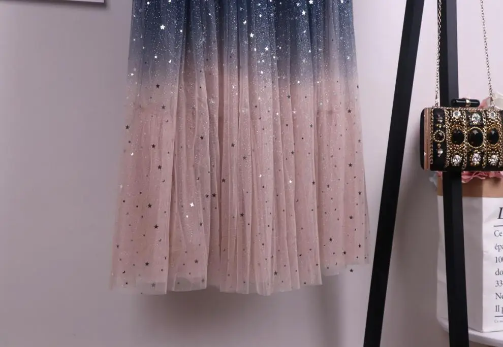 Women Gradient Starry Sky Mesh Midi Skirt — feature 14