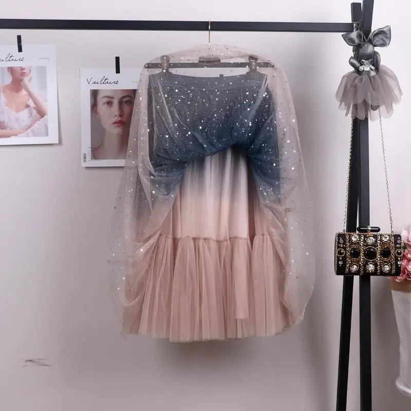 Women Gradient Starry Sky Mesh Midi Skirt — feature 15