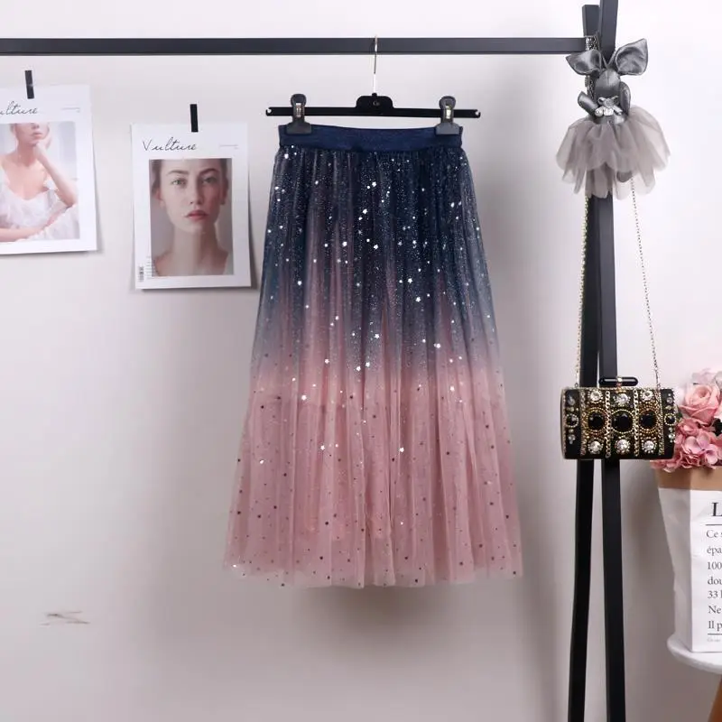 Women Gradient Starry Sky Mesh Midi Skirt — feature 16