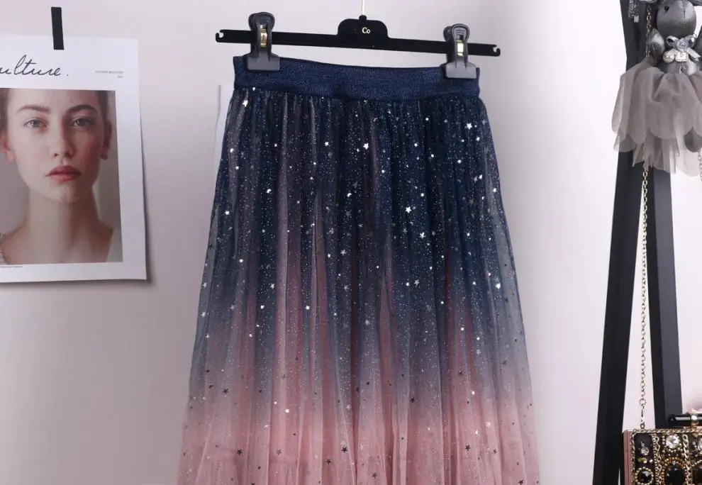 Women Gradient Starry Sky Mesh Midi Skirt — feature 17