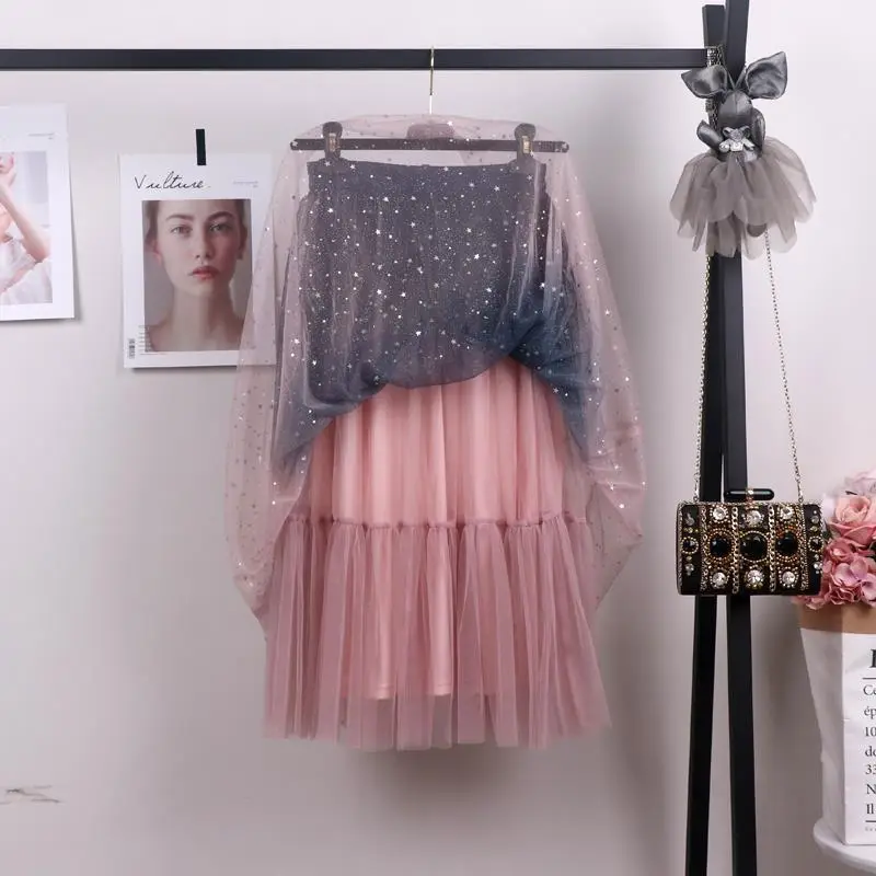 Women Gradient Starry Sky Mesh Midi Skirt — feature 18