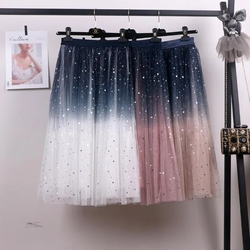 Women Gradient Starry Sky Mesh Midi Skirt — feature 3