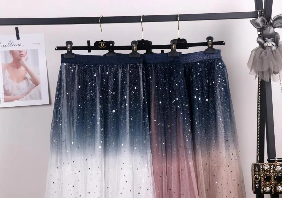 Women Gradient Starry Sky Mesh Midi Skirt — feature 4