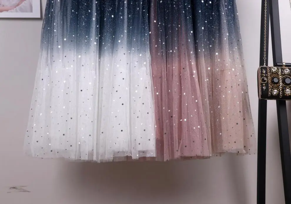 Women Gradient Starry Sky Mesh Midi Skirt — feature 5