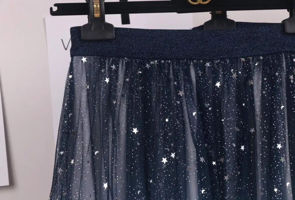 Women Gradient Starry Sky Mesh Midi Skirt — feature 6