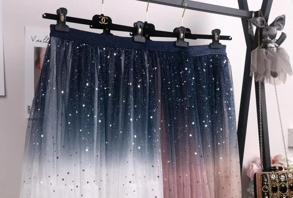 Women Gradient Starry Sky Mesh Midi Skirt — feature 7