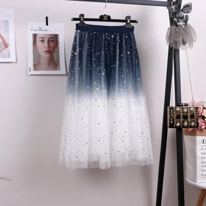Women Gradient Starry Sky Mesh Midi Skirt — feature 8