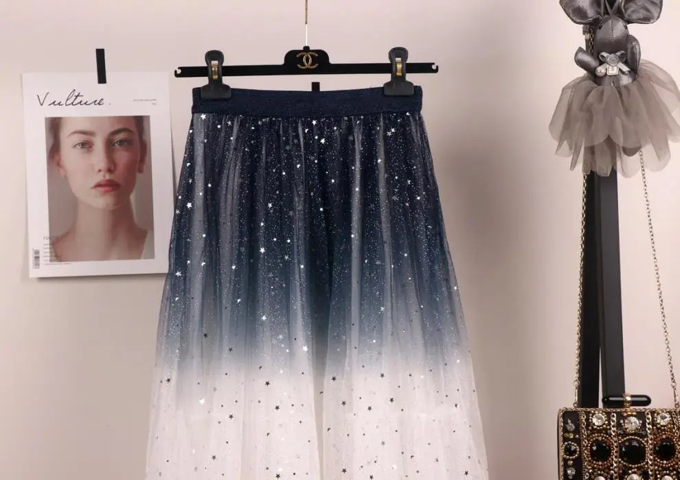 Women Gradient Starry Sky Mesh Midi Skirt — feature 9