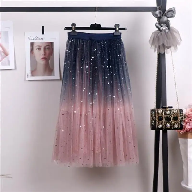 Women Gradient Starry Sky Mesh Midi Skirt - Image 2