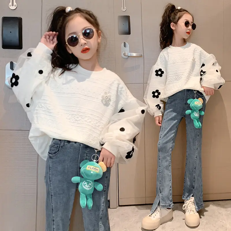 Girls' White Floral Puff Sweatshirt Set 2025 - Image 3