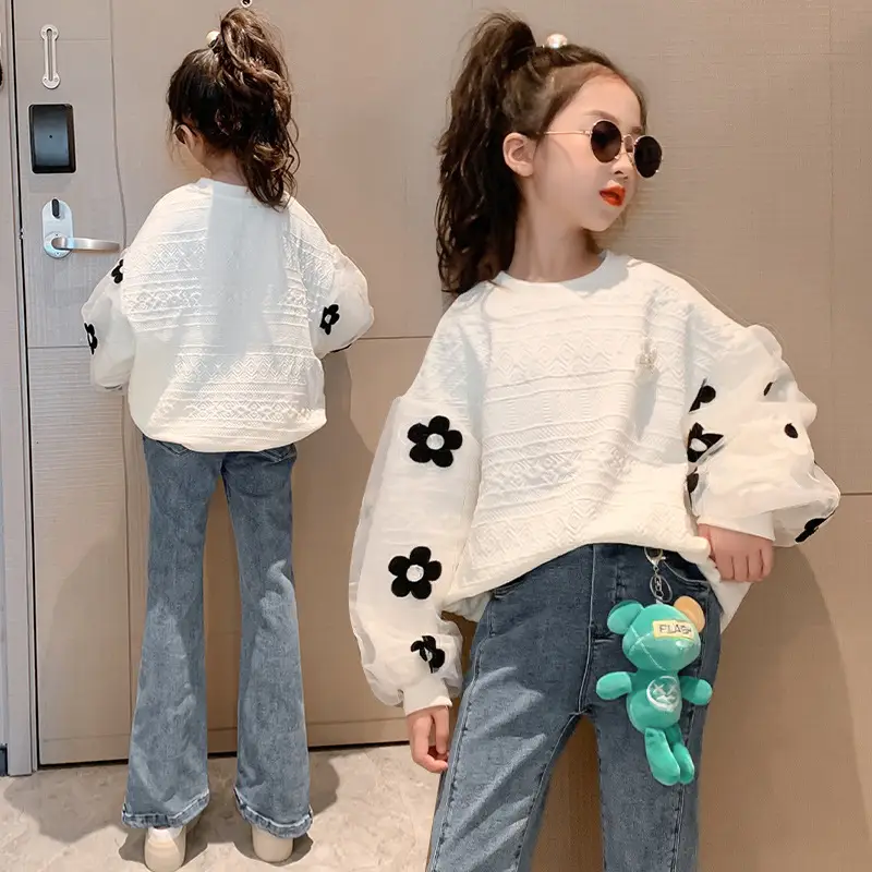 Girls' White Floral Puff Sweatshirt Set 2025 - Image 4