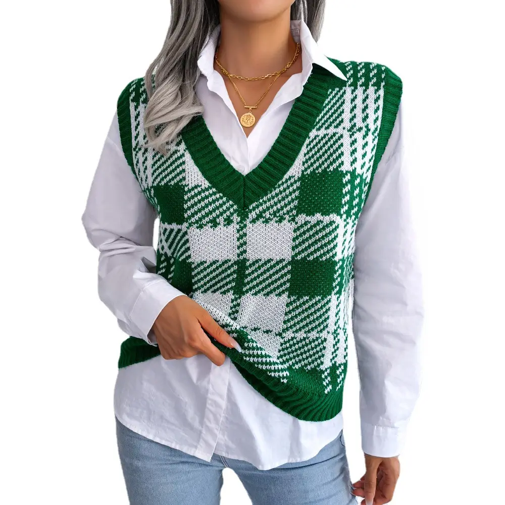 Green Plaid Knitted Vest for Women Autumn Winter Casual - Image 5