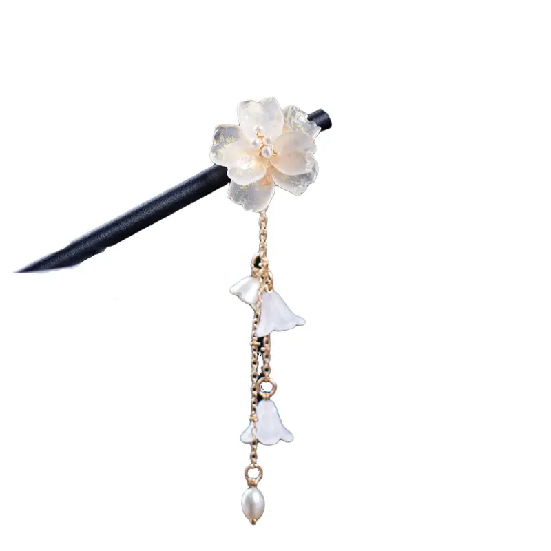 Women's Wooden Tassel Hairpin with Flower Design