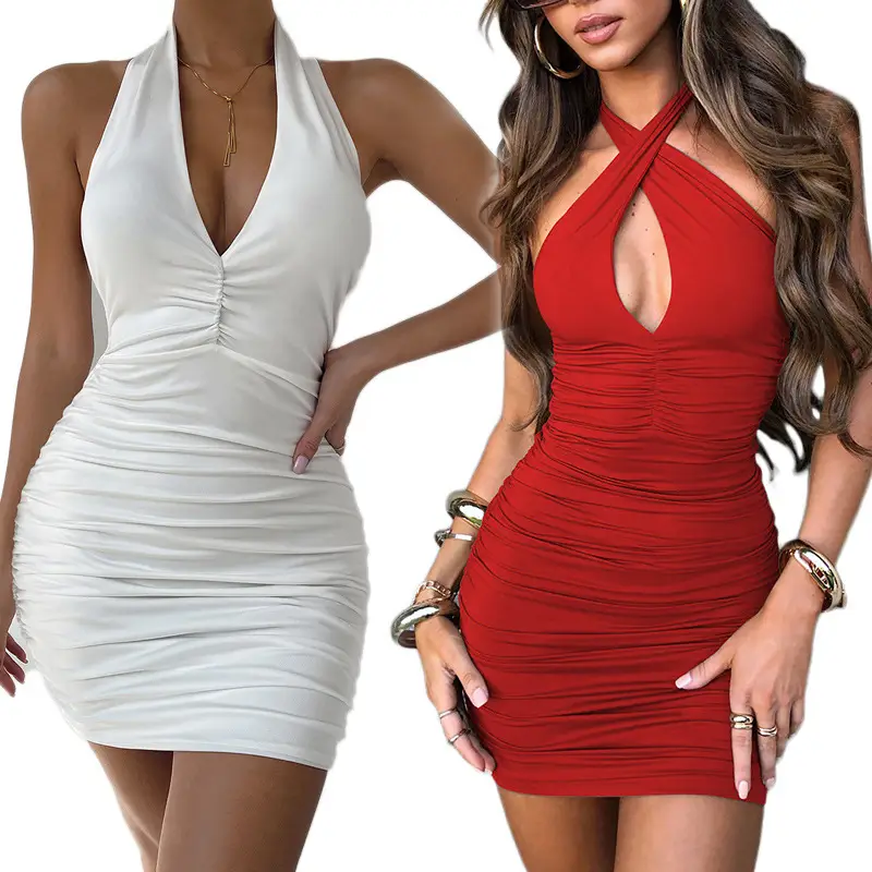 Blue Sleeveless Pleated Nightclub Mini Dress for Women - Image 11