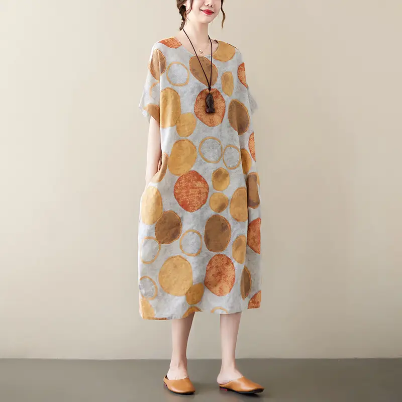 2022 Summer Over-the-Knee Cotton Linen Dress Blue Orange Circle Print - Image 2