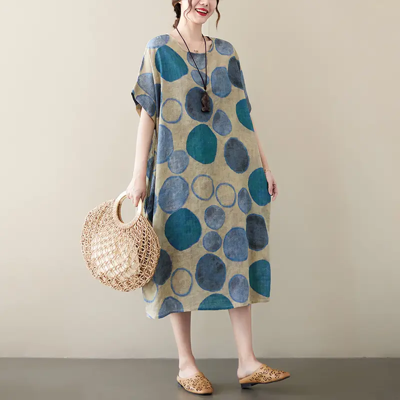 2022 Summer Over-the-Knee Cotton Linen Dress Blue Orange Circle Print - Image 4