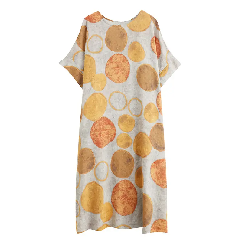 2022 Summer Over-the-Knee Cotton Linen Dress Blue Orange Circle Print - Image 5