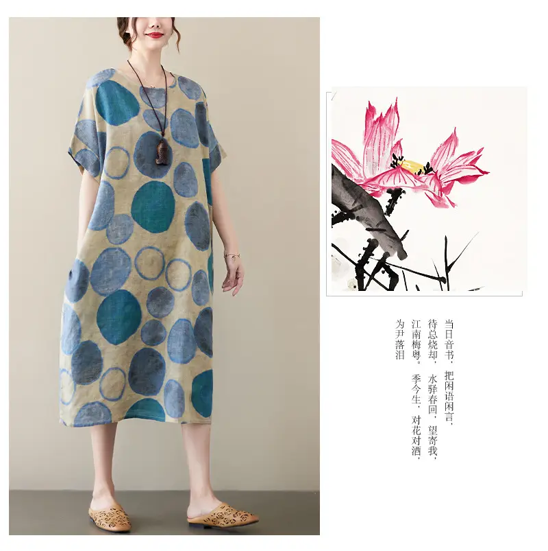 2022 Summer Over-the-Knee Cotton Linen Dress Blue Orange Circle Print — feature 10