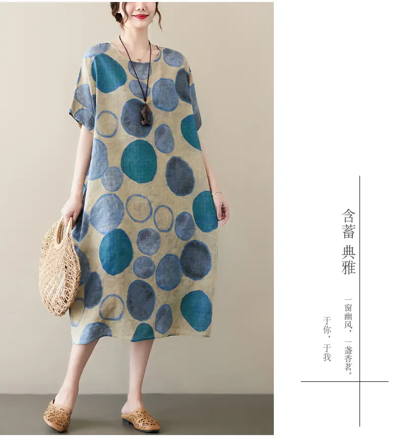 2022 Summer Over-the-Knee Cotton Linen Dress Blue Orange Circle Print — feature 12