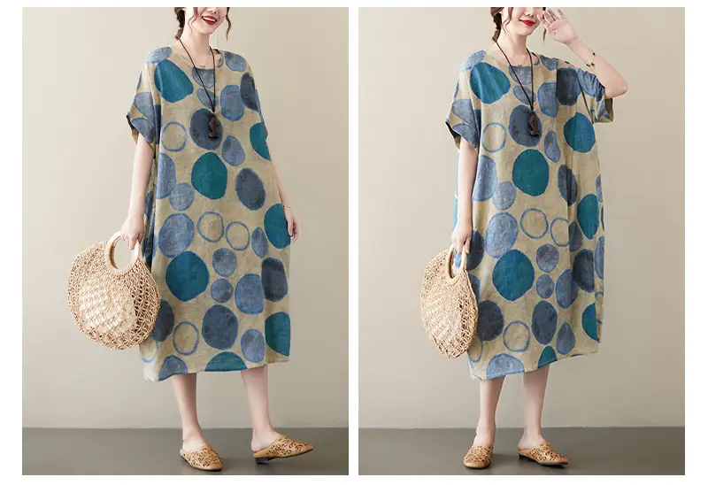 2022 Summer Over-the-Knee Cotton Linen Dress Blue Orange Circle Print — feature 13
