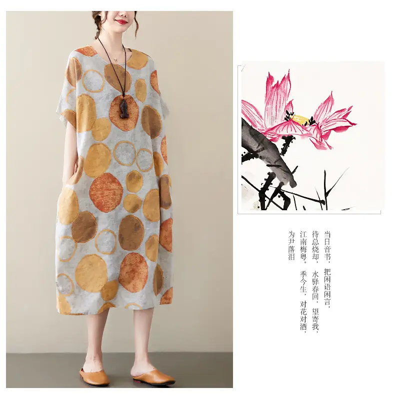 2022 Summer Over-the-Knee Cotton Linen Dress Blue Orange Circle Print — feature 16