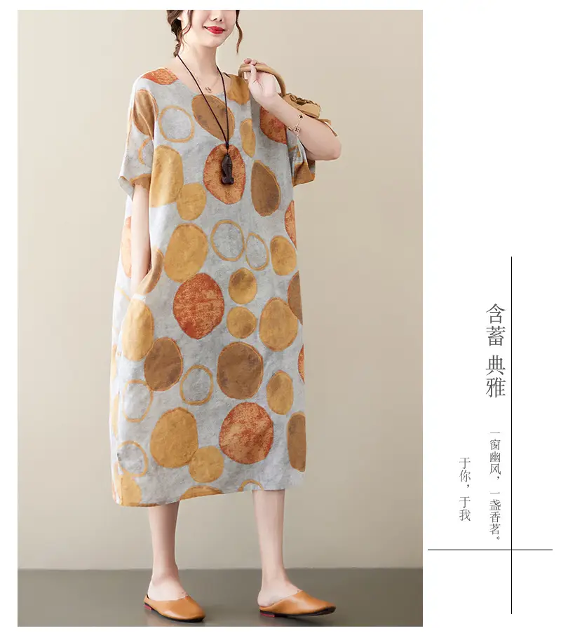 2022 Summer Over-the-Knee Cotton Linen Dress Blue Orange Circle Print — feature 18