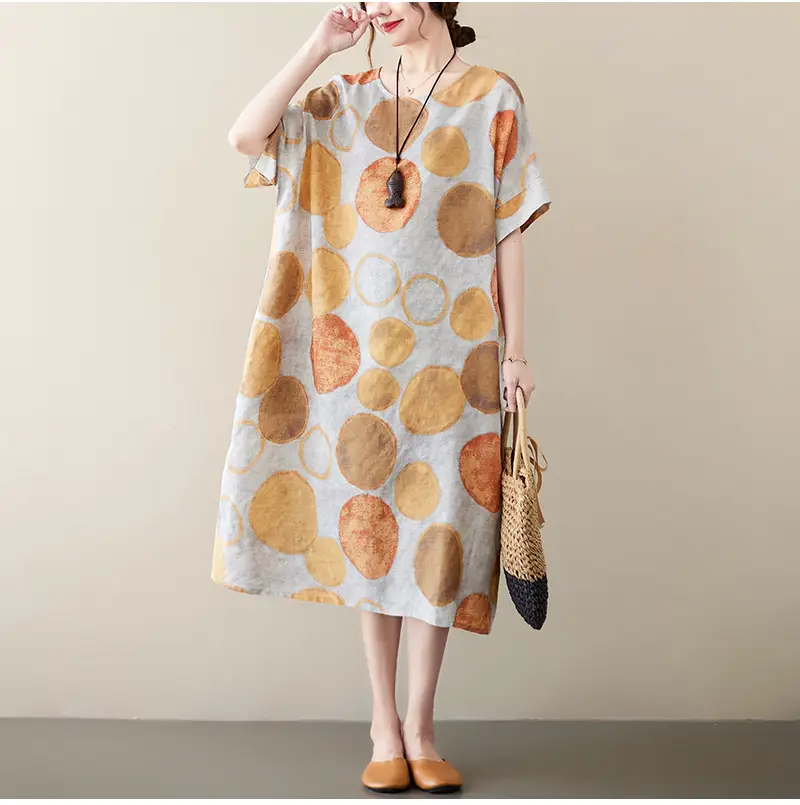2022 Summer Over-the-Knee Cotton Linen Dress Blue Orange Circle Print — feature 19