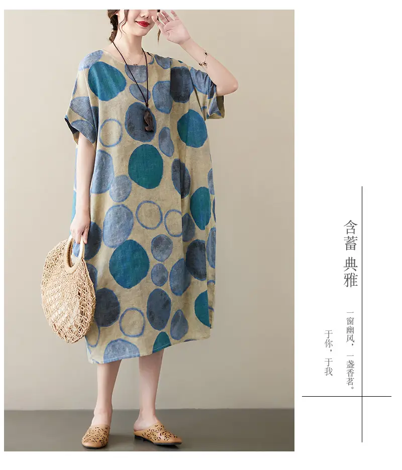 2022 Summer Over-the-Knee Cotton Linen Dress Blue Orange Circle Print — feature 2