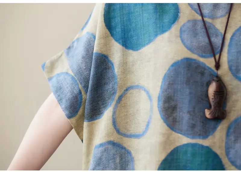 2022 Summer Over-the-Knee Cotton Linen Dress Blue Orange Circle Print — feature 22