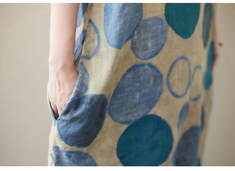 2022 Summer Over-the-Knee Cotton Linen Dress Blue Orange Circle Print — feature 23